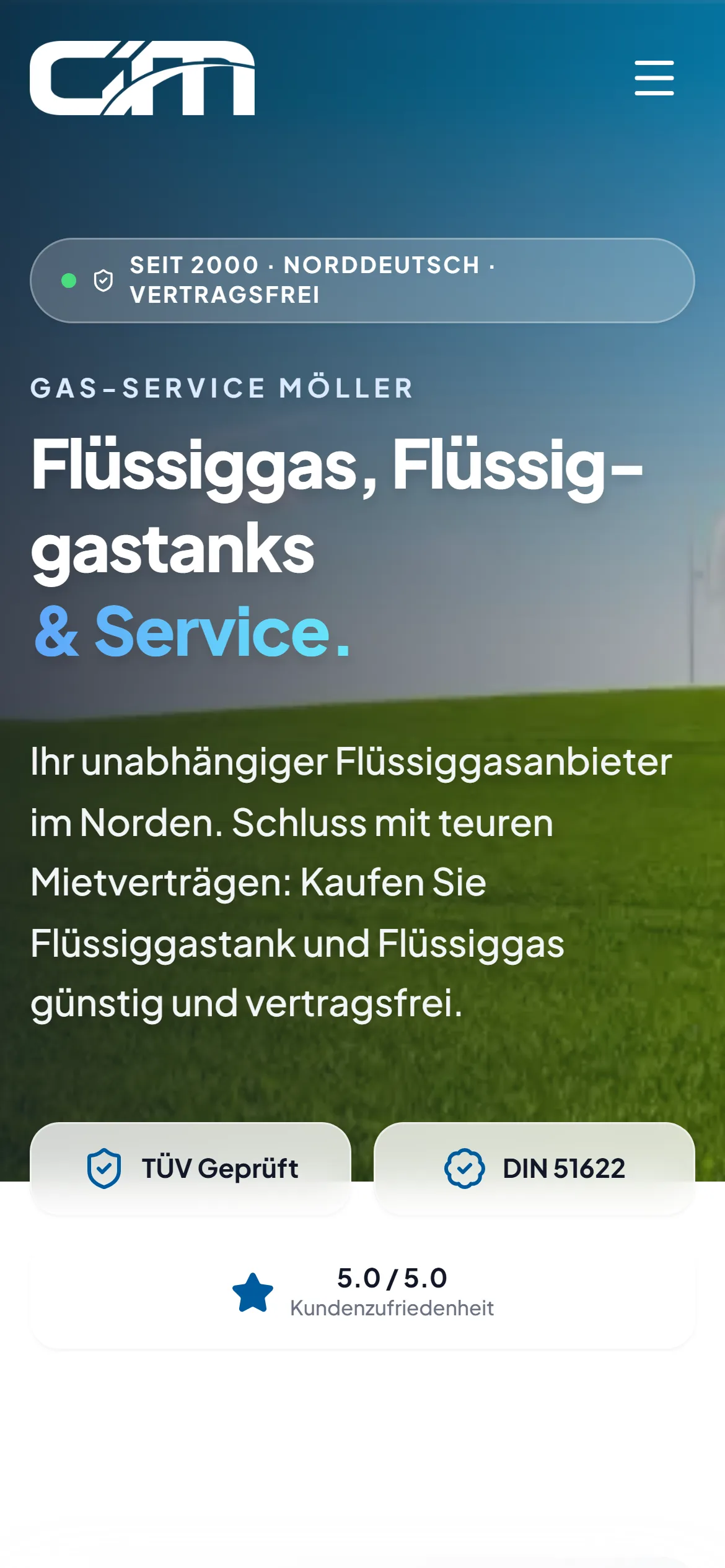 Website von Gas-Service Möller am Handy: Überschrift Flüssiggas, Flüssiggastanks und Service vor grüner Wiese, darunter die Siegel TÜV geprüft und DIN 51622