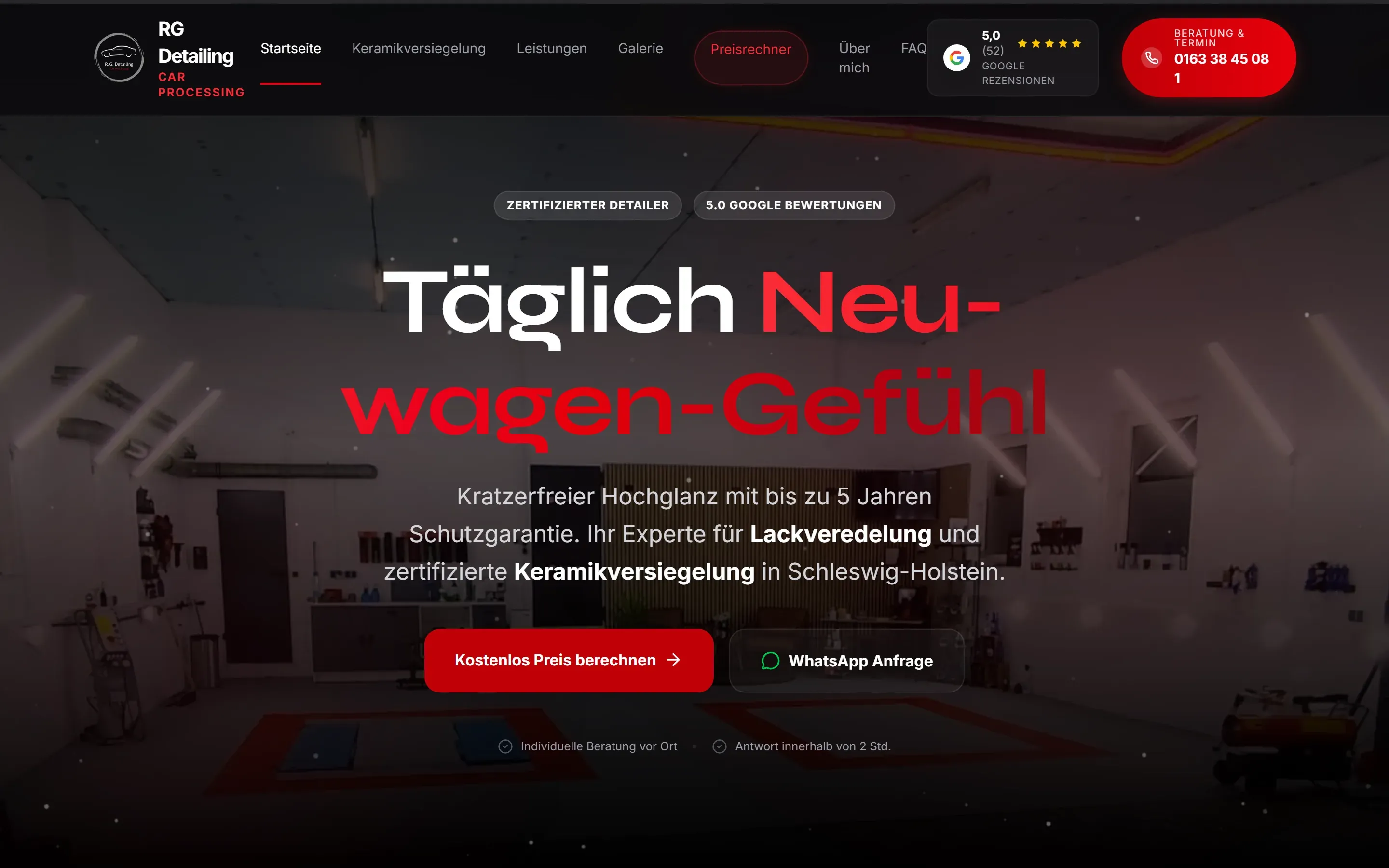 Startseite der Website von RG Detailing: dunkle Werkstatthalle, große Überschrift und Preisrechner-Knopf