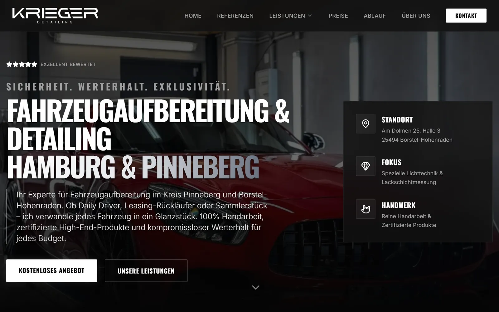 Startseite der Website von Krieger Detailing: roter Sportwagen in der Werkhalle, Überschrift Fahrzeugaufbereitung und Detailing Hamburg und Pinneberg, daneben Standort, Fokus und Handwerk